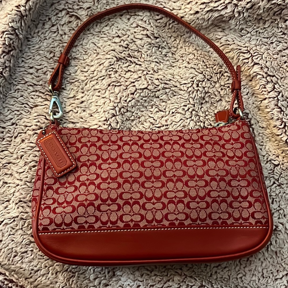 RARE vintage leather trimmed red monogram Coach handbag